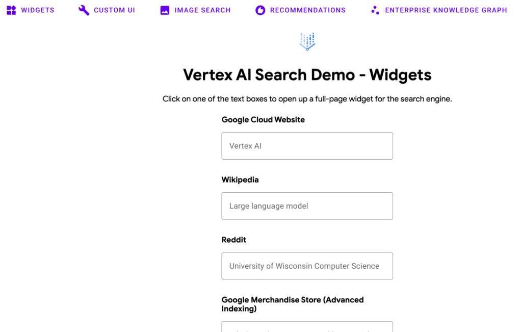 ตัวอย่าง Google Vertex AI Search Demo Widgets