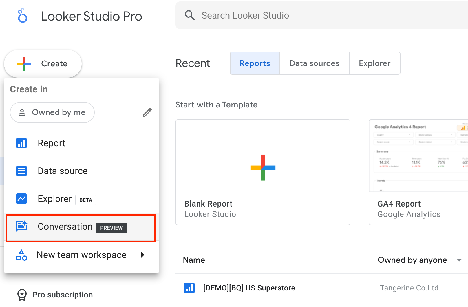 01-เมนู-Conversation-Analytics-จะอยู่ในเมนู-Create-บน-Looker-Studio